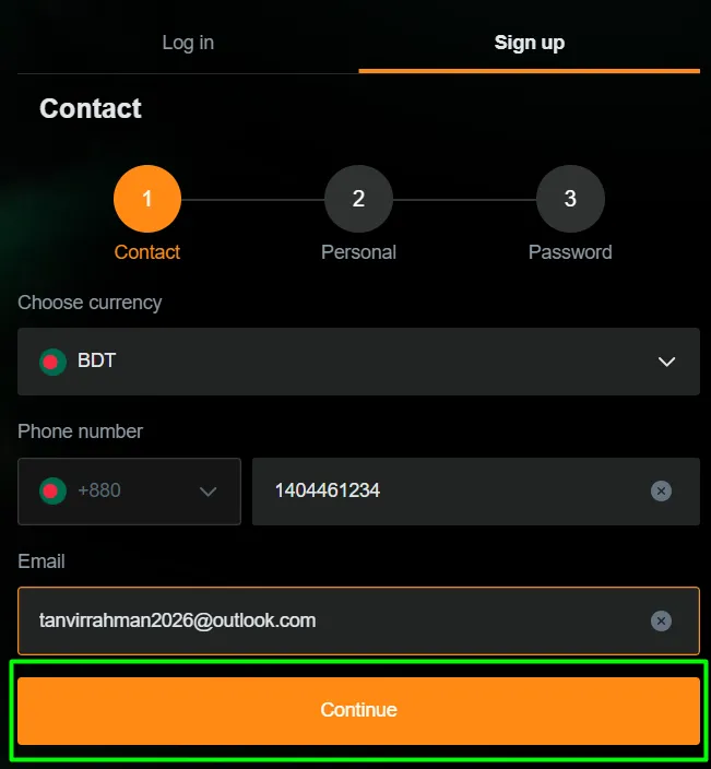JeetBuzz registration step 1 – Contact details: phone number and email