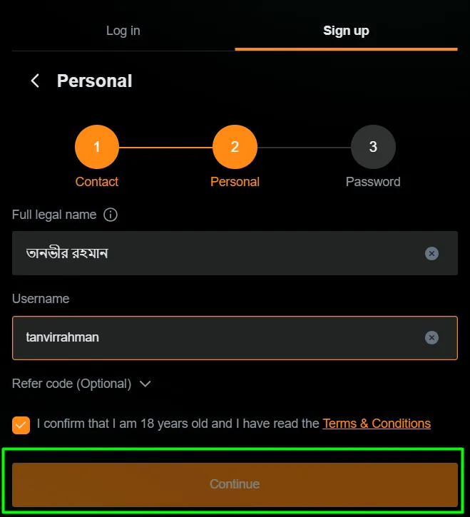 JeetBuzz registration step 2 – Personal details: name and username
